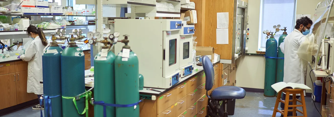 Graduate students Jinshu Yan and Kaushik Mitra take the early shift in Jeff Catalano’s Aqueous Geochemistry and Mineralogy Lab