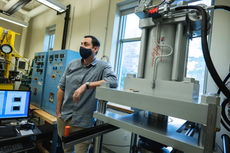 Phil Skemer describes his lab's new rock deformation apparatus (Photo: Sean Garcia/Washington University)