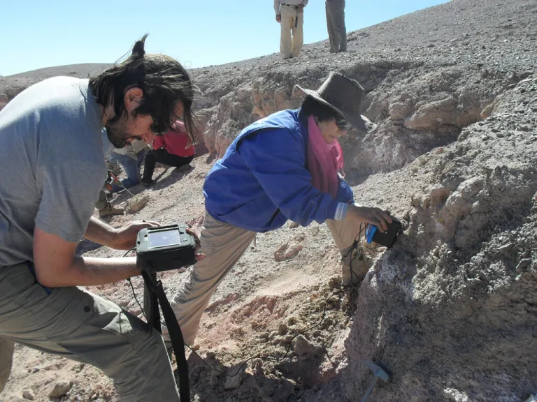Pablo Sobron (left) and Alian Wang, pictured in 2012, test an infrared spectrometer sensitive to water in the Atacama Desert, Chile. (Photo courtesy of Alian Wang)