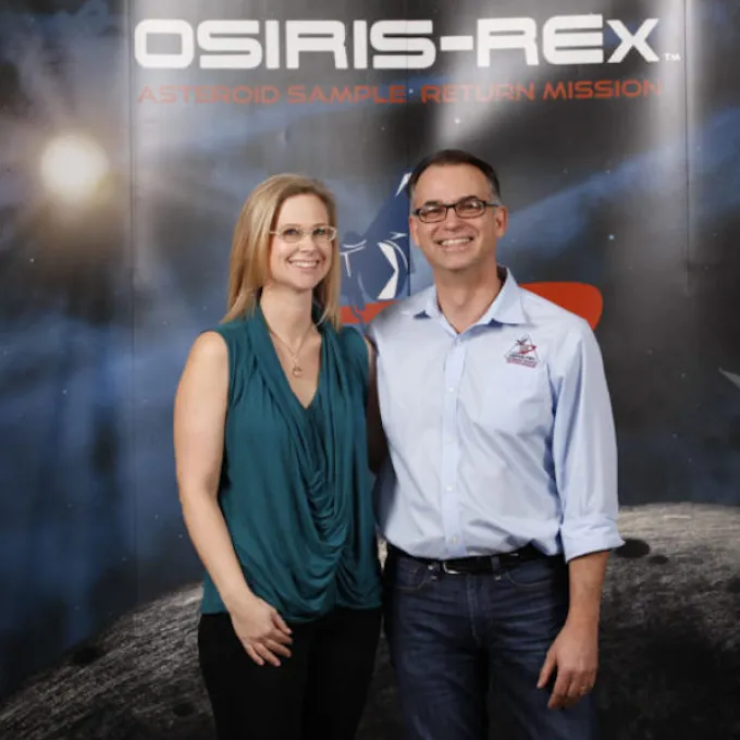Dante Lauretta, PhD ’97, mission chief, and Kate Crombie, PhD ’97, project data archivist, are a husband-and-wife team working on NASA’s OSIRIS-REx mission.
