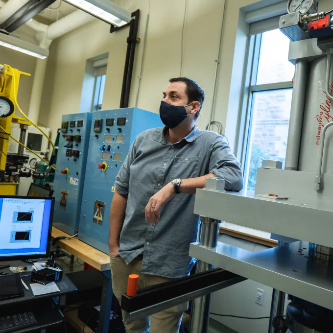 Phil Skemer describes his lab's new rock deformation apparatus (Photo: Sean Garcia/Washington University)