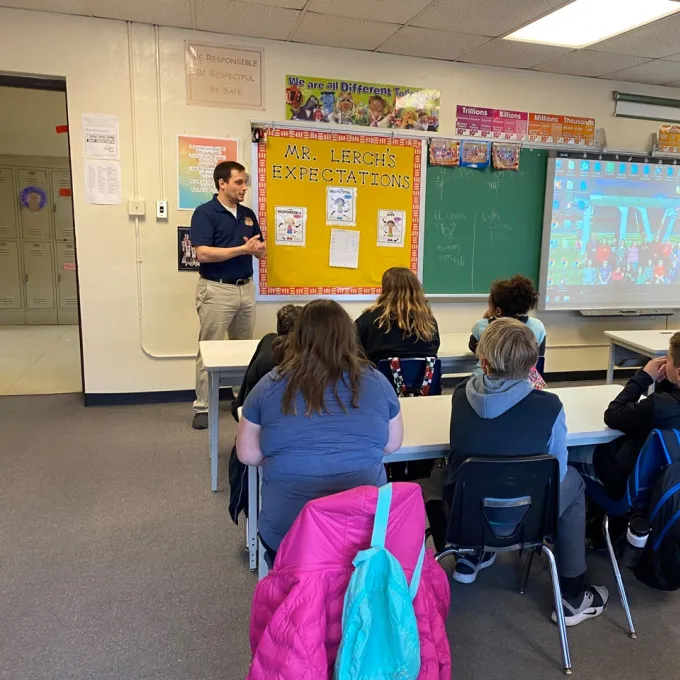 Scott VanBommel talking to students at Marissa Elementary
